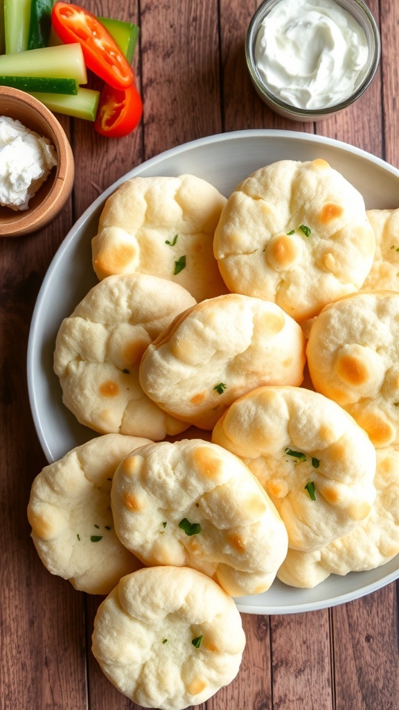 Fluffy cloud bread rounds on a plate, garnished with herbs, with cream cheese and vegetables on the side.